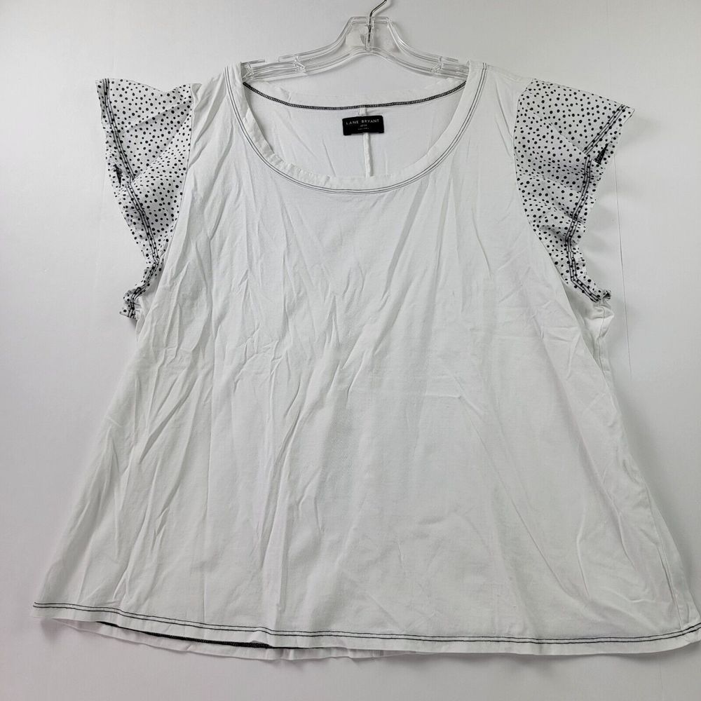 Lane Bryant Shirt Womens 22/24 White Blouse Short Polka Dots Sleeve 100% Cotton